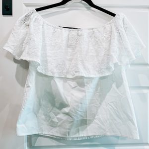 SHEIN white off the shoulder blouse with islet detailing.